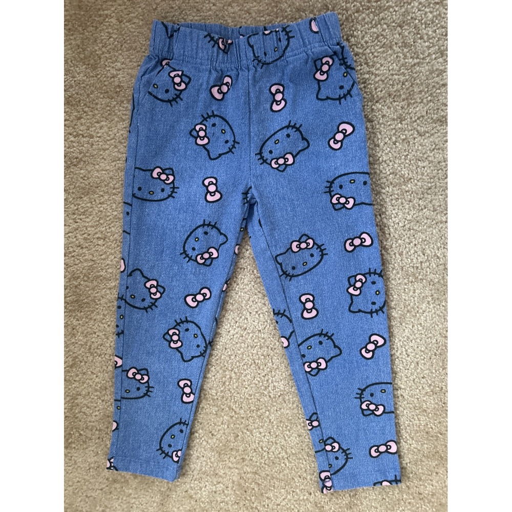 Hello Kitty Sanrio Girls Blue All Over Print Leggings Pants Size 5 Pink Bows